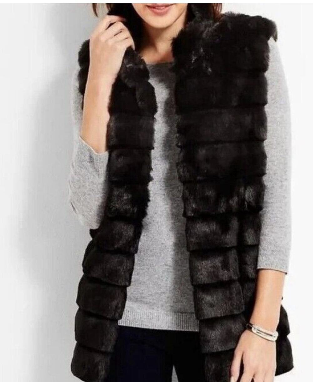 Talbots Black Faux Fur Ribbed Open Front Vest Women's size Small
